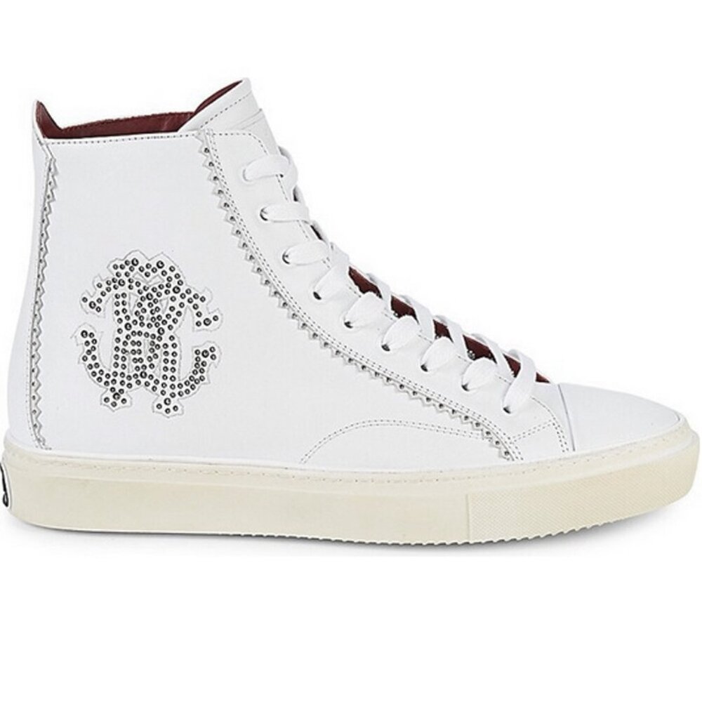 NEW $550 Roberto Cavalli Logo High Top Sneakers!  e 43.5 US 10.5  White Leather